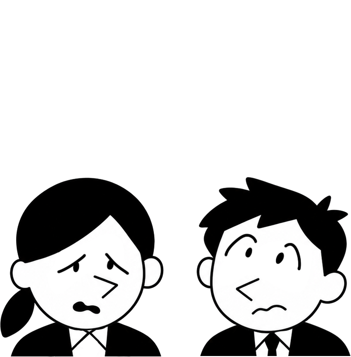 展開の選択肢の多さに迷い、頭に疑問符を浮かべる二人のビジネスパーソンのイラスト